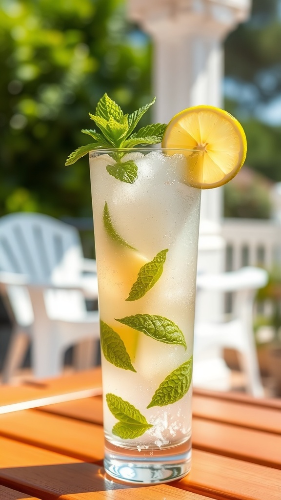 A refreshing zero carb, zero sugar cocktail with mint and lime on a sunny patio.
